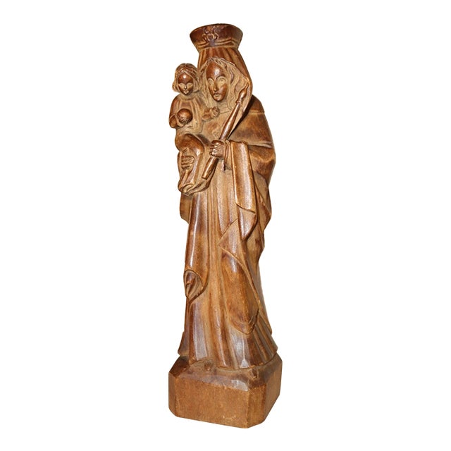 Antique 1800's Religious Hand Carved Wood Mary Madonna Jesus Sculpture Statue For Sale