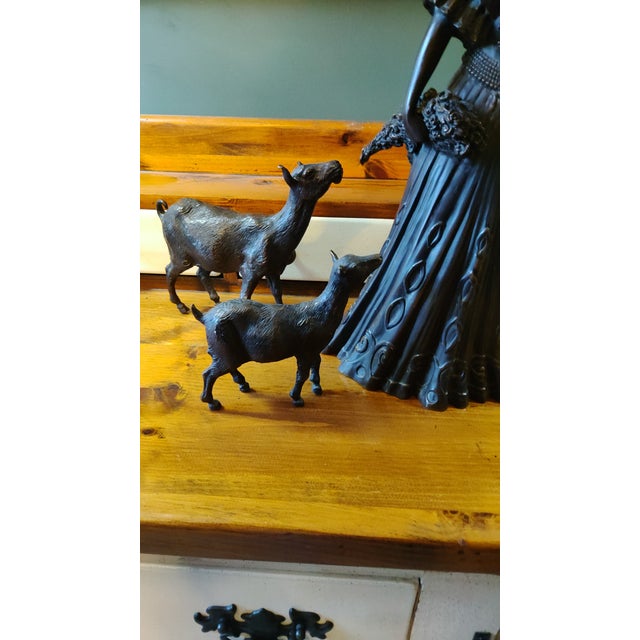 Art Deco Antique Cast Bronze Woman Feeding Goats 4 Piece Art Deco Sculpture - Stunning For Sale - Image 3 of 9