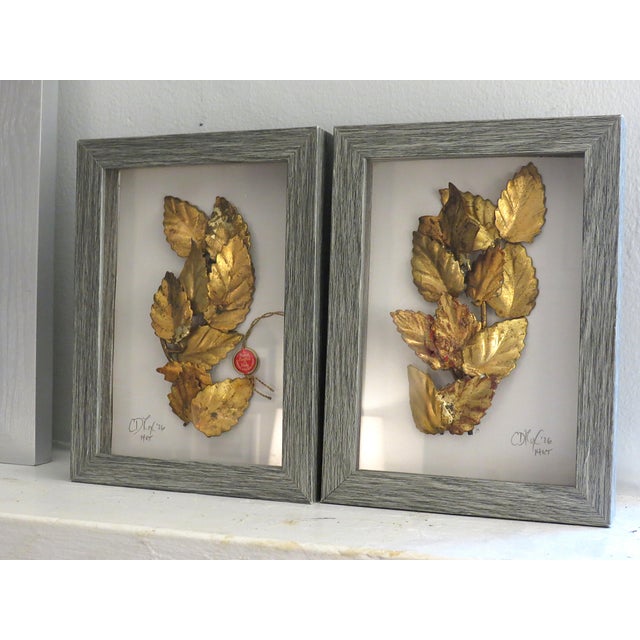 2020s Vintage Italian Patina Gold Leaf Tole Collages, Framed Pair, Mid Century For Sale - Image 5 of 7
