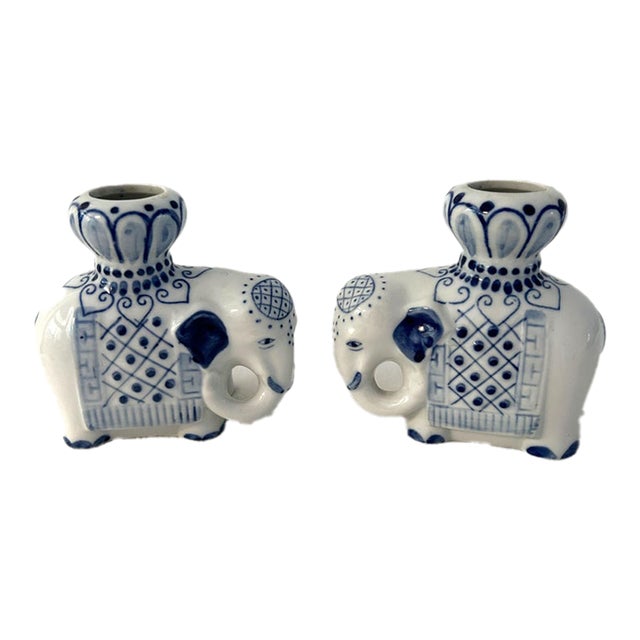 Vintage Chinese Blue & White Imperial Elephant Candle Holders, a Pair For Sale