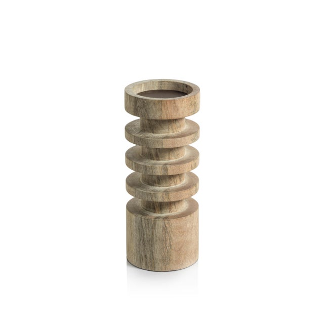 Contemporary Larache Carved Mango Wood Pillar Candle Holder, Small For Sale - Image 3 of 3