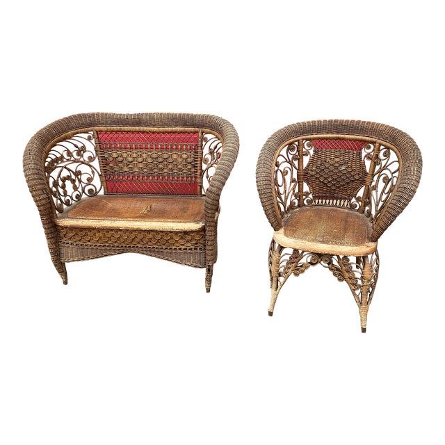 1940s Wicker Settee and Chair For Sale