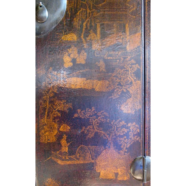 Brown 1900 - 1909 Asian Elm Cabinet With Painted Panel Doors For Sale - Image 8 of 12