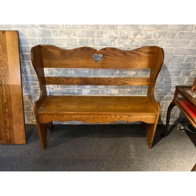 Vintage Early American Primitive Oak Bench With a Heart Carved in the Backrest For Sale In Washington DC - Image 6 of 7