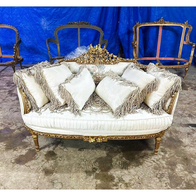 Baroque Style Antique White Sofa With Pillows and Gold Leaf Details For Sale In Miami - Image 6 of 6