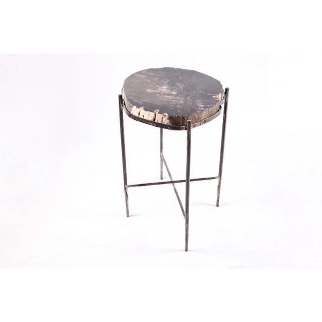 The top of this modern accent side table is made of one slice of organic petrified wood, hand polished to show its...