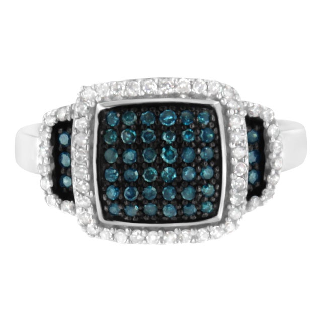 Black Rhodium Plated .925 Sterling Silver 1/2 Cttw White & Blue Diamond Square Halo Cocktail Ring - SIze 7-1/2 For Sale