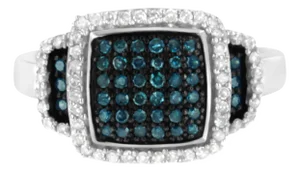 Black Rhodium Plated .925 Sterling Silver 1/2 Cttw White & Blue Diamond Square Halo Cocktail Ring - SIze 7-1/2