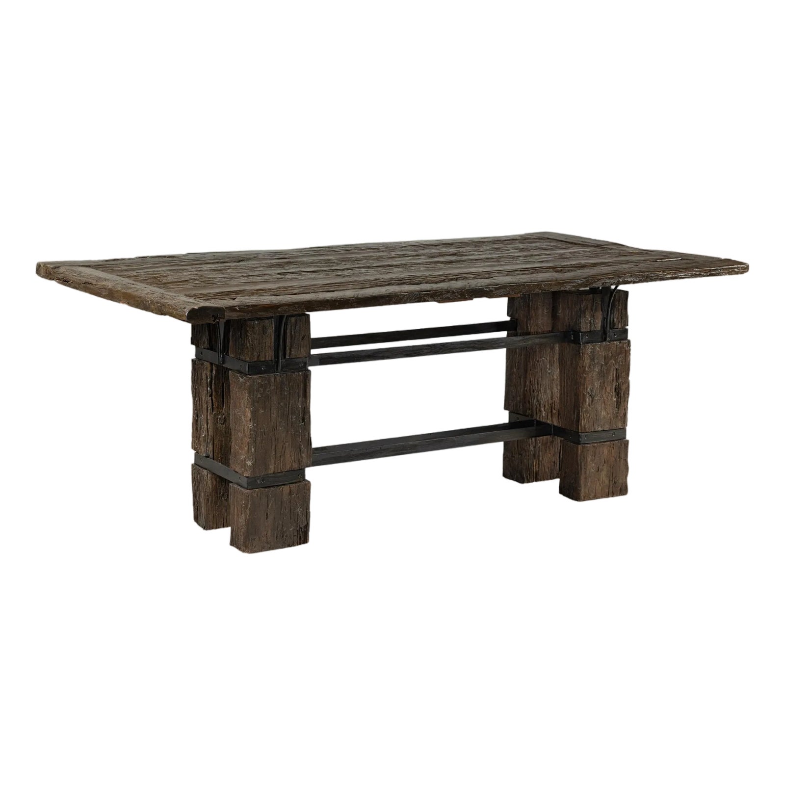 Vintage Rustic Reclaimed Teak Table with Distressed Top and Metal Base ...