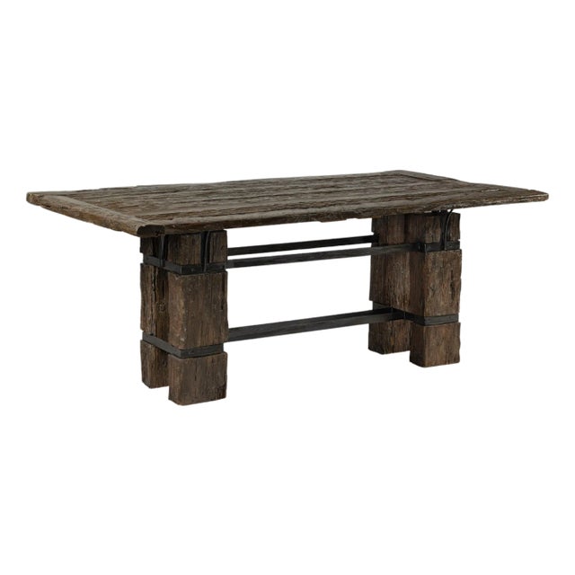 Vintage Rustic Reclaimed Teak Table with Distressed Top and Metal Base For Sale