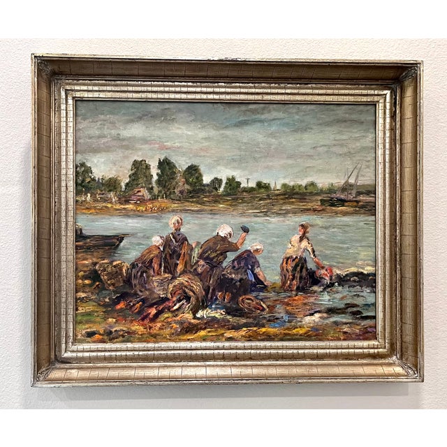 Wood Vintage Framed Original Impressionist Painting of Women at the River For Sale - Image 7 of 13