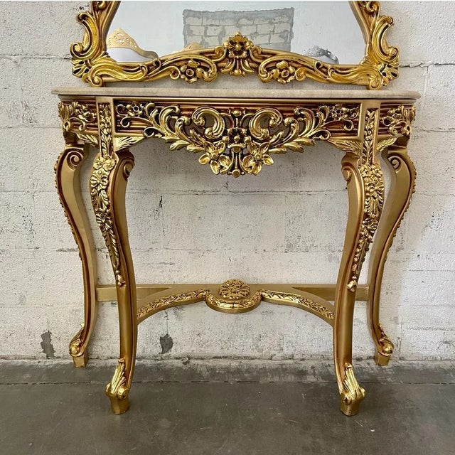 1940s French Rococo Style Marble and Gold Leaf Console Table with Mirror For Sale - Image 9 of 12