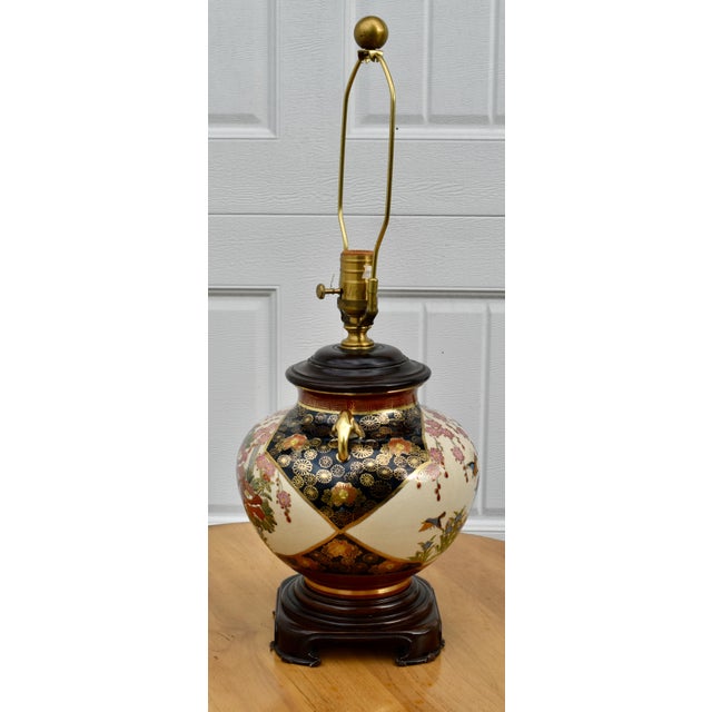 Vintage Japanese Satsuma Vase Table Lamp Hand Painted Geisha Bird Floral Gold For Sale - Image 9 of 16