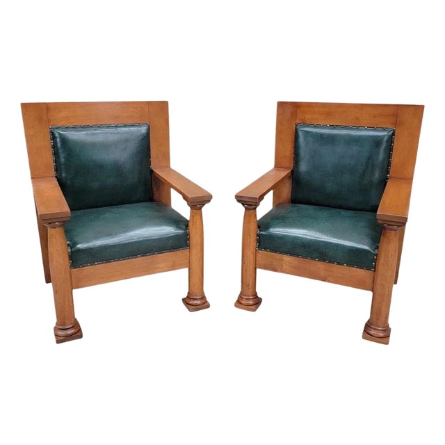 Antique Mission Arts & Crafts Chairs in Hunter Green Leather - Pair For Sale