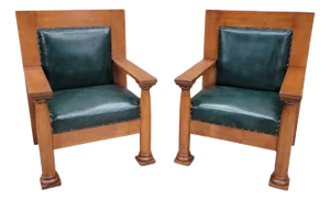 Antique Mission Arts & Crafts Chairs in Hunter Green Leather - Pair