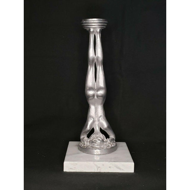 Vintage Art Nouveau Style Nude Woman Sculpture in Head Standing Position on Marble Stand / Ring Caddy Up for...