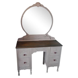 Vintage Painted Vanity With Stool and Mirror For Sale