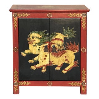 Tibetan Oriental Black Red Foo Dogs Lions End Table Nightstand For Sale