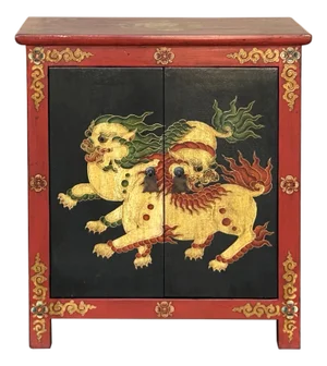 Tibetan Oriental Black Red Foo Dogs Lions End Table Nightstand