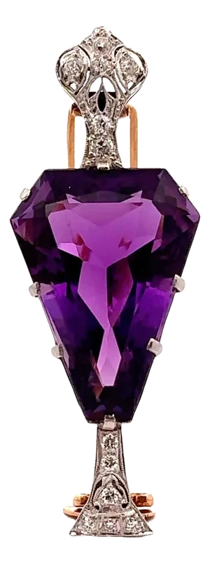 Antique 35.00 Carat Amethyst Diamond Platinum & 14k Yellow Gold Brooch 1910s