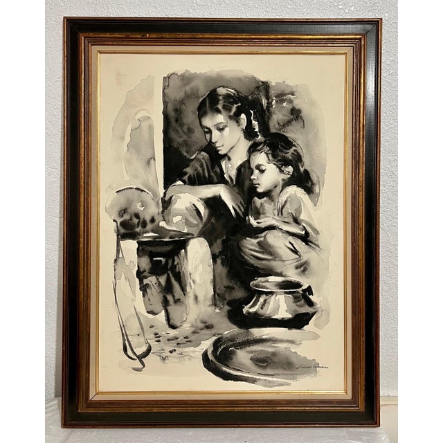 Late 20th Century Sandu Liberman, Large Gouache Original Painting Mother & Daughter Sandu Liberman Israeli Judaica For Sale - Image 5 of 7