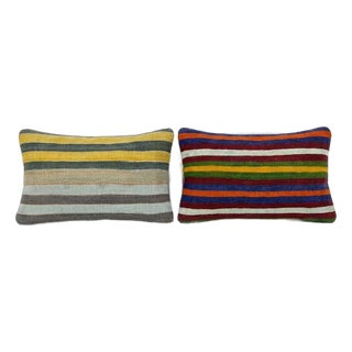Turkish Kilim Wool Lumbar Rug Pillow Cover 16'' X 24'' - Set of Two For Sale
