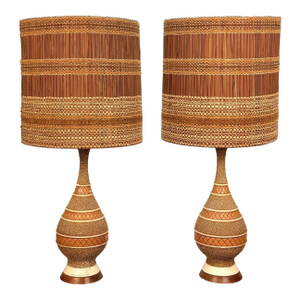 Mid-Century Boho Terracotta Chalkware Table Lamps W/ Maria Kipp Woven Shades