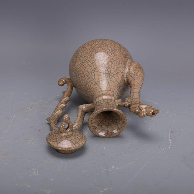 Ge Style Crackle Glaze Porcelain Ewer, Dragon Spout Lidded Wine Pitcher For Sale - Image 9 of 9