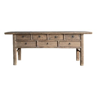 Vintage Elm Wood Console Table With Drawers For Sale