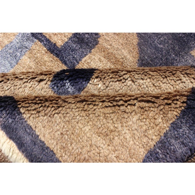 Blue Mid 20th Century Square Mid-Century Modern Turkish Tulu With Tribal Pattern in Blue and Tan Rug For Sale - Image 8 of 13