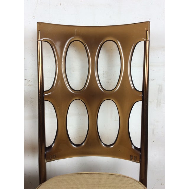 Mid Century Modern Pair of Chairs With Smoked Lucite Seat Back and Vintage Upholstery by Chromecraft For Sale - Image 9 of 13