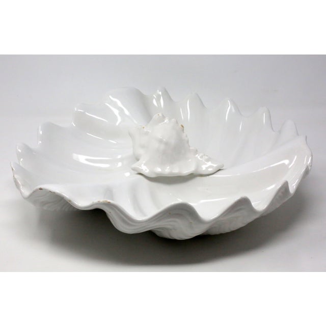 A oversized/large, vintage white ceramic divided serving bowl or platter, with three deep scallop shell sections, and a...