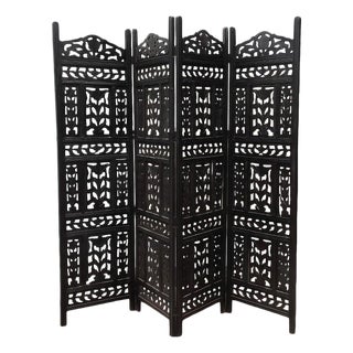 Vintage Black Leaf Indian Boho Folding Screen For Sale