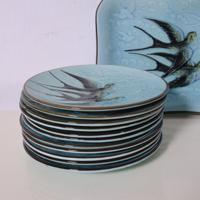 Antique French Turquoise Earthenware Dessert Set, 1890s, Set of 12 For Sale - Image 5 of 18