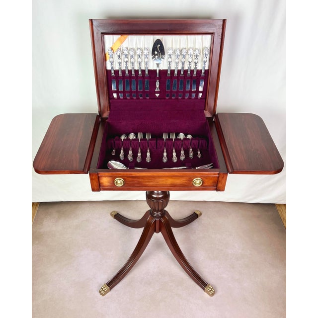 American 1940s Restored Mersman Mahogany Drop-Leaf Silverware Chest Table With Tooled Leather Top For Sale - Image 3 of 12