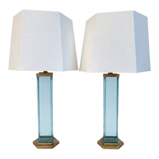 1970s Fontana Arte Style Brass and Blue Glass Table Lamps - a Pair For Sale