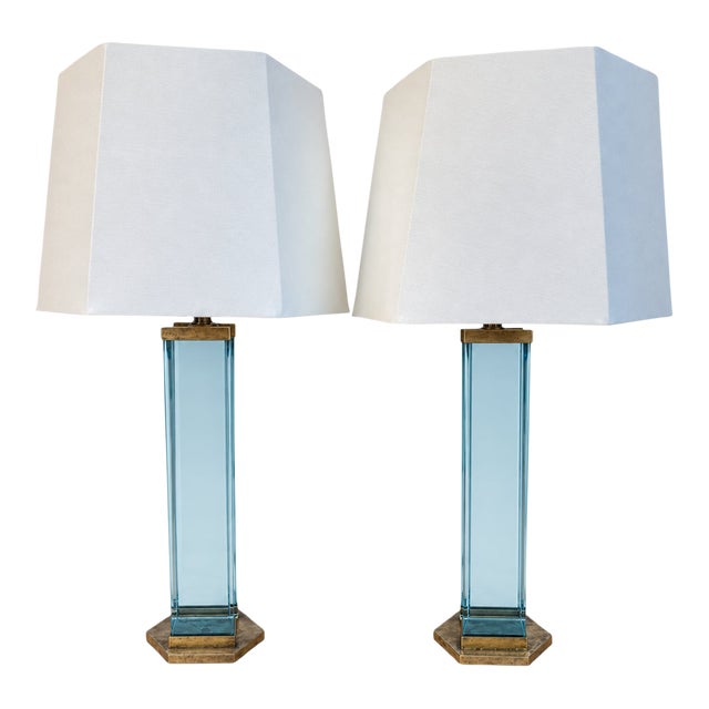 1970s Fontana Arte Style Brass and Blue Glass Table Lamps - a Pair For Sale