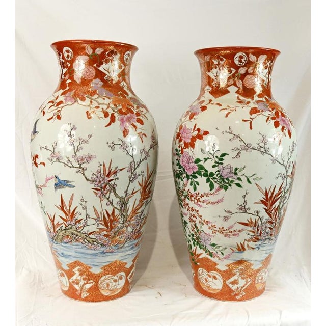 Antique Japanese Satsuma Porcelain Floor Vases with Bird and Blossom Decoration, Set of 2 For Sale - Image 10 of 10