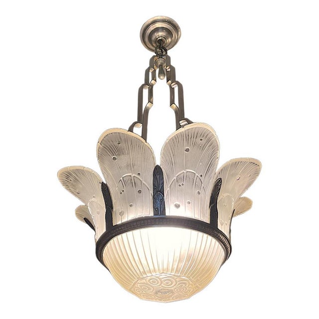 Art Deco Chandelier in Sandblasted Pressed Glass & Nickel-Plated Bronze from Hettier & Vincent, 1930s For Sale - Image 13 of 13
