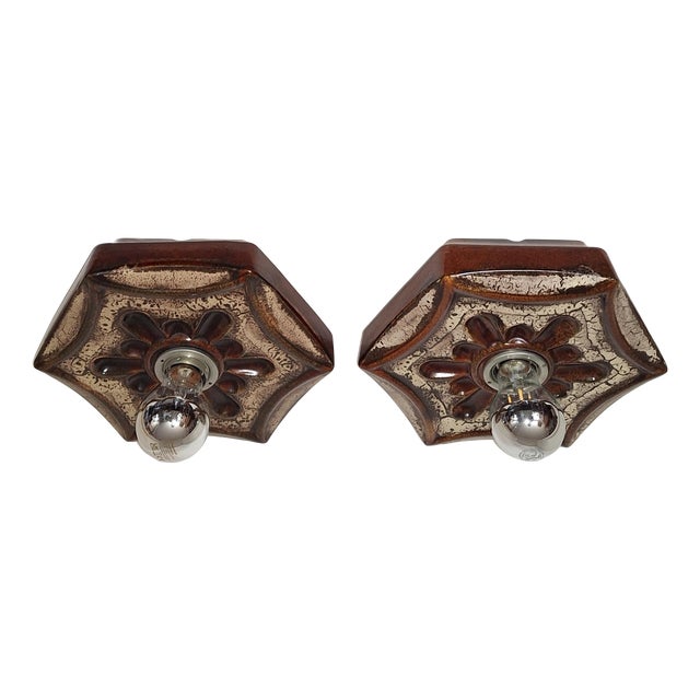 Vintage Wall Lamps in Brown-Beige Ceramic by Pan, 1970s, Set of 2 For Sale