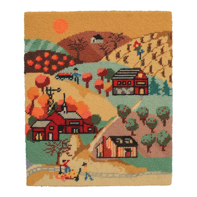 Vintage Folk Art Textile Country Farm Scene Wall Hanging For Sale
