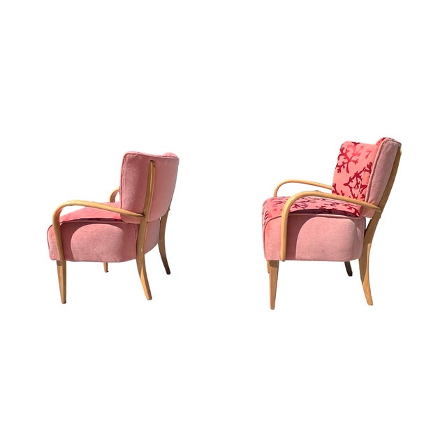 Heywood-Wakefield Vintage Mid Century Modern Pair Heywood Wakefield Lounge Pink Velvet Armchairs Chairs Restored Art Deco Model M340c For Sale - Image 4 of 12