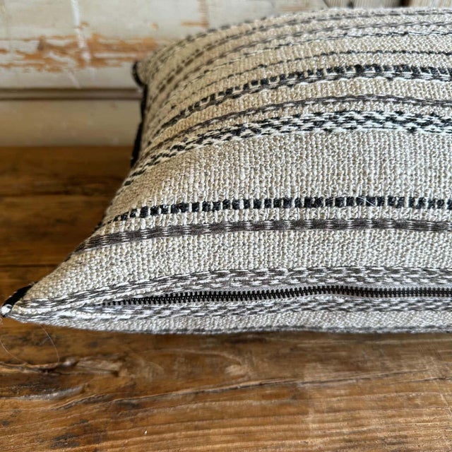 Custom Embroidered Stripe French Linen and Wool Pillow With Insert For Sale - Image 4 of 5