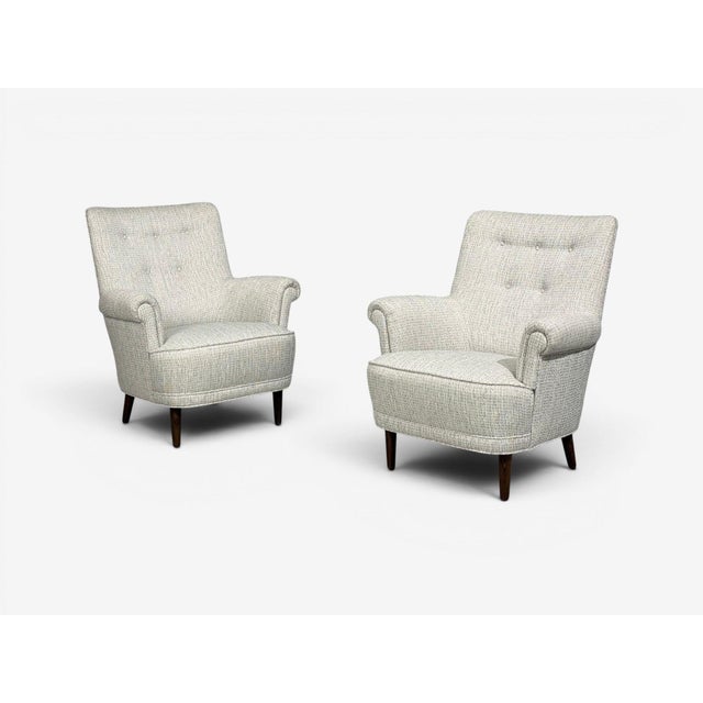 Carl Malmsten, Swedish Mid-Century Modern, "Hemmakvall" Lounge or Arm Chairs, Grey Fabric, Wood, Sweden, 1950s Pair of...
