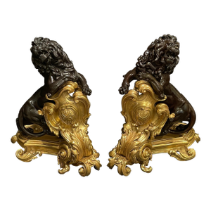 Late 19th Century Fine Pair Of Figural Patinated and Gilt Lion Chenets