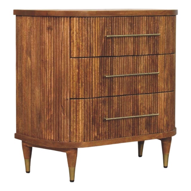 Ribbed Mango Wood 3-Drawer Chest With Brass Hardware For Sale
