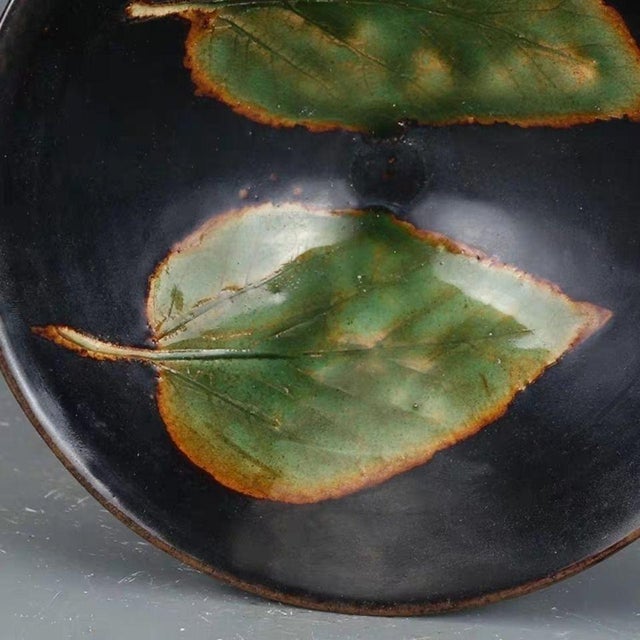 2020s Big Size Chinese Ji Zhou Kiln Double Leaves Pattern Black Glazing Porcelain Bowl For Sale - Image 5 of 5