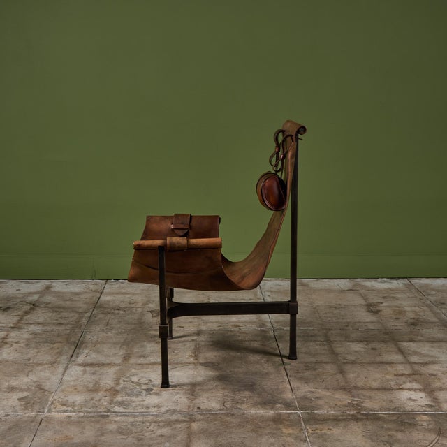 Patinated Jean-Paul Rykaert Leather Sling Chair For Sale - Image 10 of 18