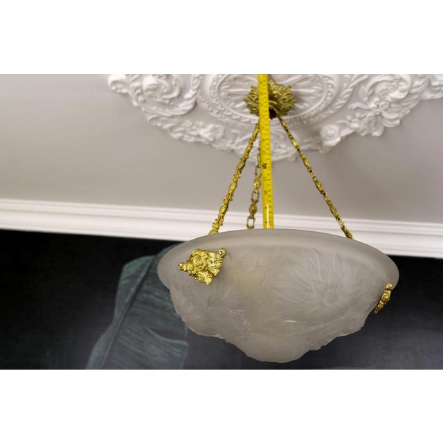 French Art Deco White Frosted Glass and Bronze Pendant Light with Floral Motifs, 1930s For Sale - Image 15 of 18