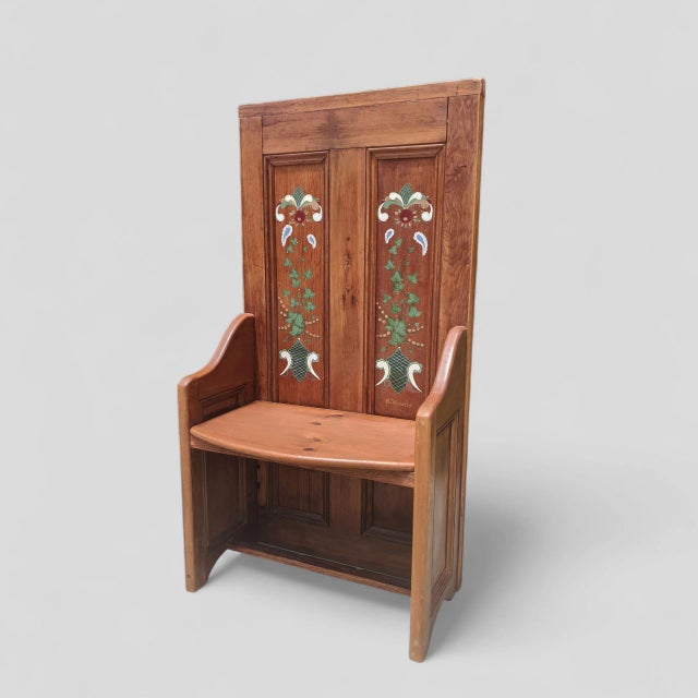Vintage Folk Art Hand Painted Oak Hall Chair Bench For Sale - Image 4 of 18